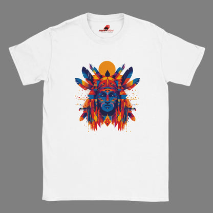 Front view of T-shirt with American Indian-style geometric vector design on white cotton fabric – soft unisex fit