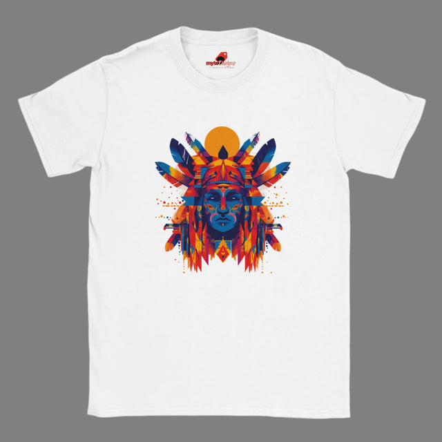 Front view of T-shirt with American Indian-style geometric vector design on white cotton fabric – soft unisex fit