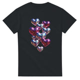 Black t-shirt with colorful heart-shaped balloons design on a white background