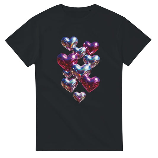 Black t-shirt with colorful heart-shaped balloons design on a white background