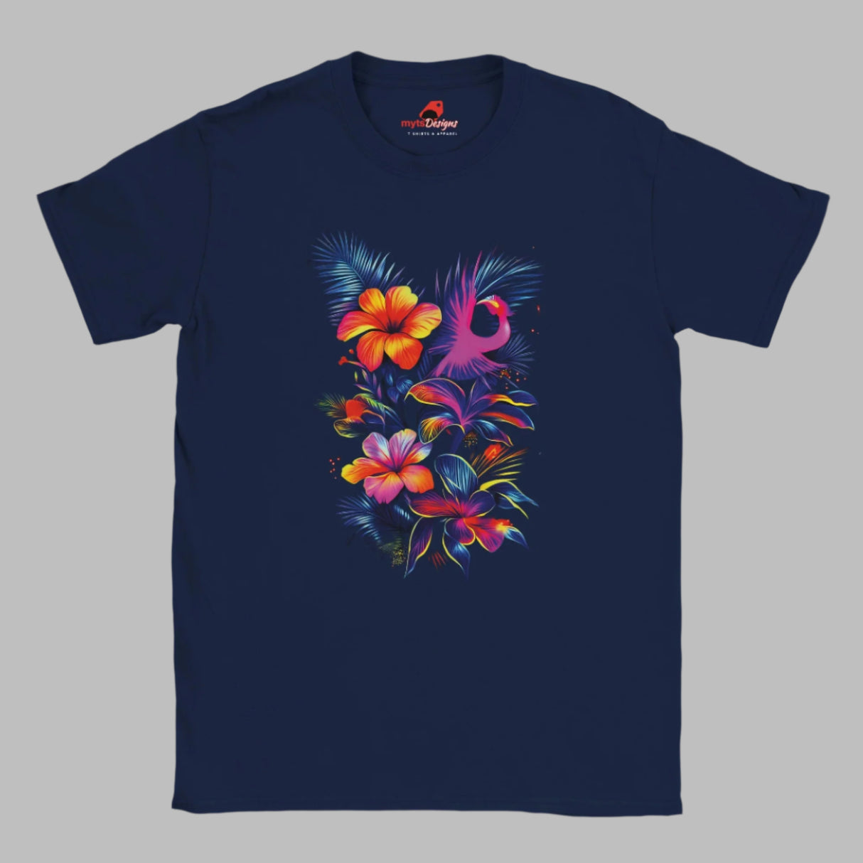 A navy blue t-shirt with a vibrant neon floral design, featuring hibiscus flowers and a phoenix.