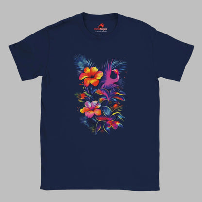 A navy blue t-shirt with a vibrant neon floral design, featuring hibiscus flowers and a phoenix.