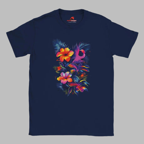 A navy blue t-shirt with a vibrant neon floral design, featuring hibiscus flowers and a phoenix.