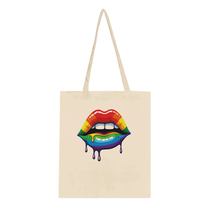 Tote bag with a colorful lips design on a beige background