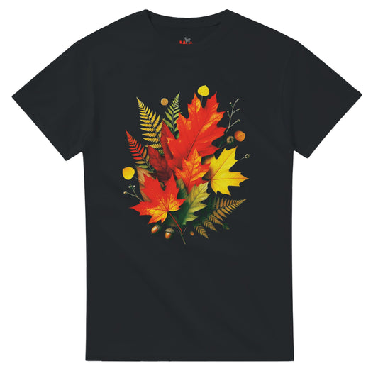 Black t-shirt with colorful leaf design on a white background