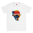 White t-shirt with a colorful geometric design featuring palm trees and a sun on a white background.