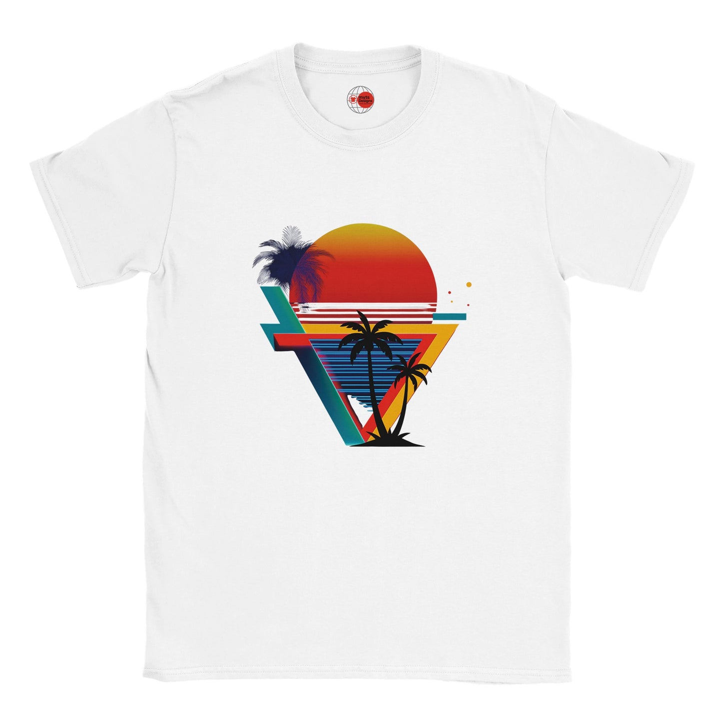 White t-shirt with a colorful geometric design featuring palm trees and a sun on a white background.