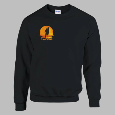 Black Sweatshirt, sunset surf silohette top right hand lapel
