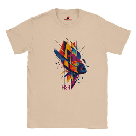 A natural t-shirt with a vibrant geometric design featuring multicolored fish and aquatic patterns.