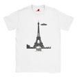 Front view of a white soft casual tee featuring a whimsical graphic of the Eiffel Tower with a retro‑style spaceship orbiting it, printed on ultra‑soft Gildan 64000 cotton.