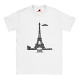 Front view of a white soft casual tee featuring a whimsical graphic of the Eiffel Tower with a retro‑style spaceship orbiting it, printed on ultra‑soft Gildan 64000 cotton.