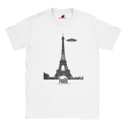 Front view of a white soft casual tee featuring a whimsical graphic of the Eiffel Tower with a retro‑style spaceship orbiting it, printed on ultra‑soft Gildan 64000 cotton.