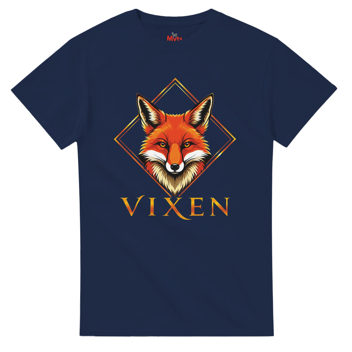 Navy t-shirt with a colorful Vixen graphic on a white background