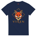 Navy t-shirt with a colorful Vixen graphic on a white background