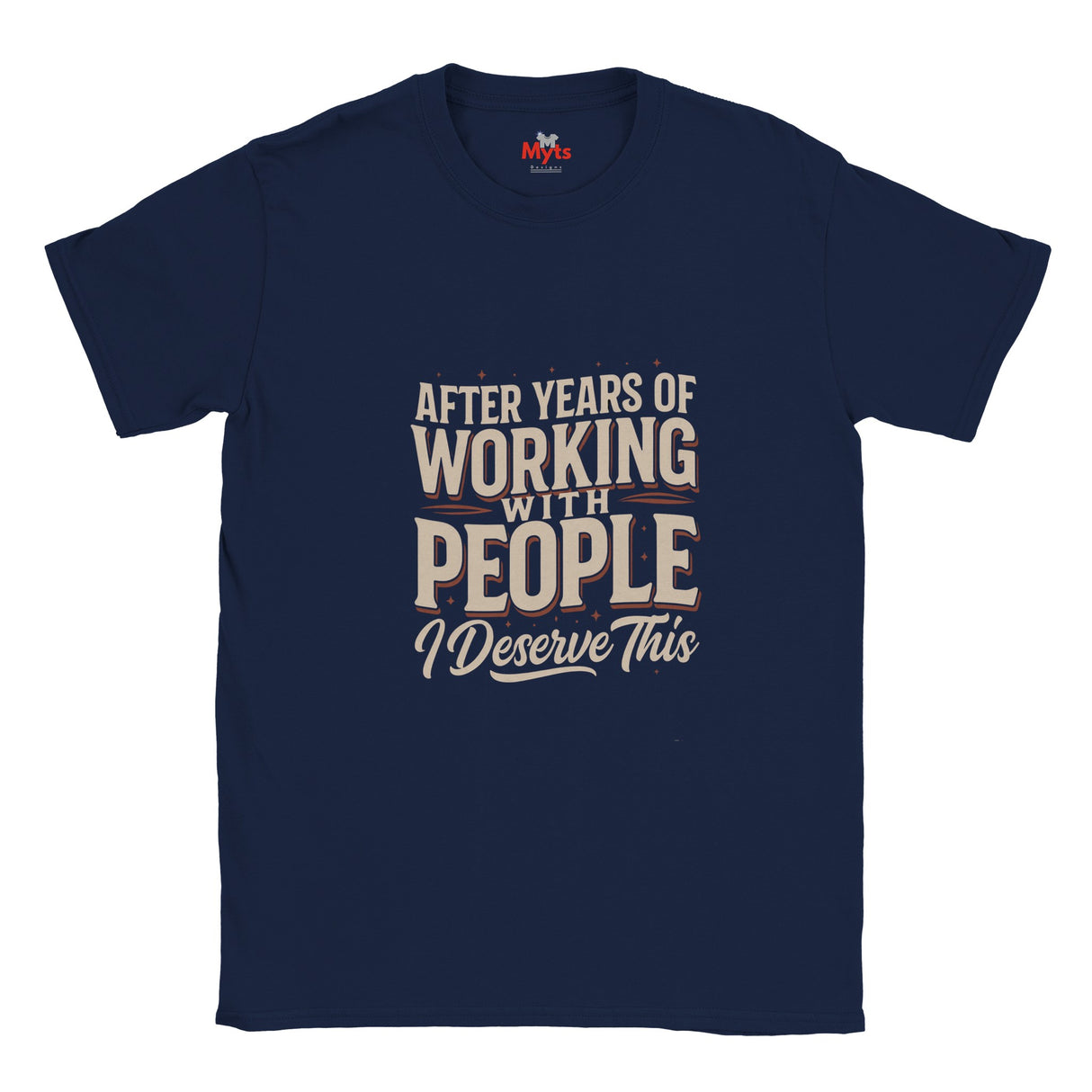 Navy blue t-shirt with white text and on a white background