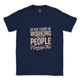 Navy blue t-shirt with white text and on a white background