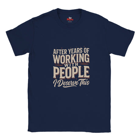Navy blue t-shirt with white text and on a white background