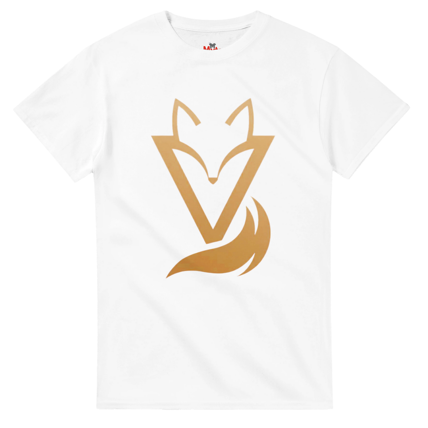 White T-shirt with a gold Fox & Tail V Logo minimalist design 