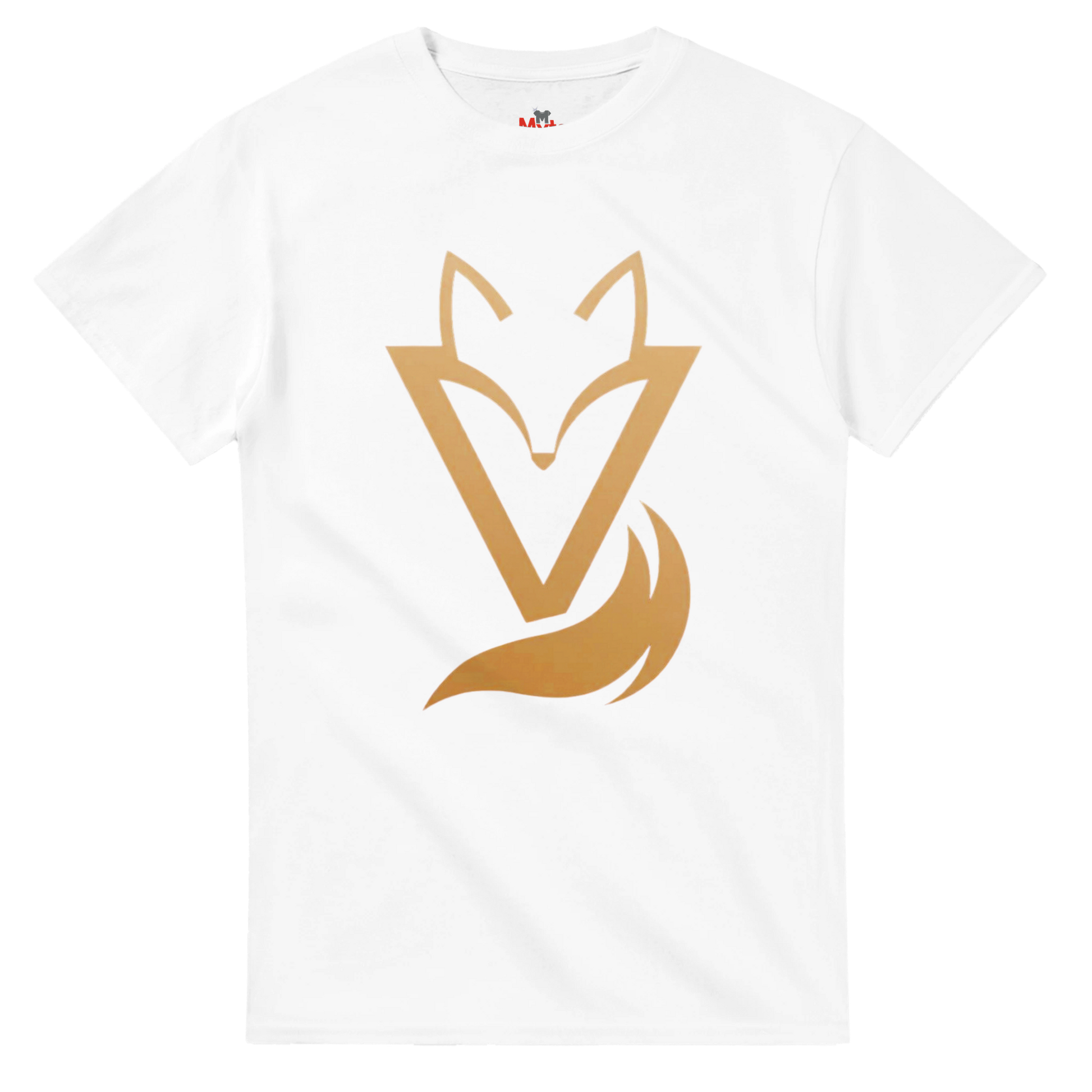 White T-shirt with a gold Fox & Tail V Logo minimalist design 