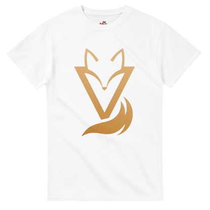White T-shirt with a gold Fox & Tail V Logo minimalist design 