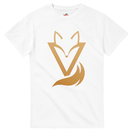 White T-shirt with a gold Fox & Tail V Logo minimalist design 