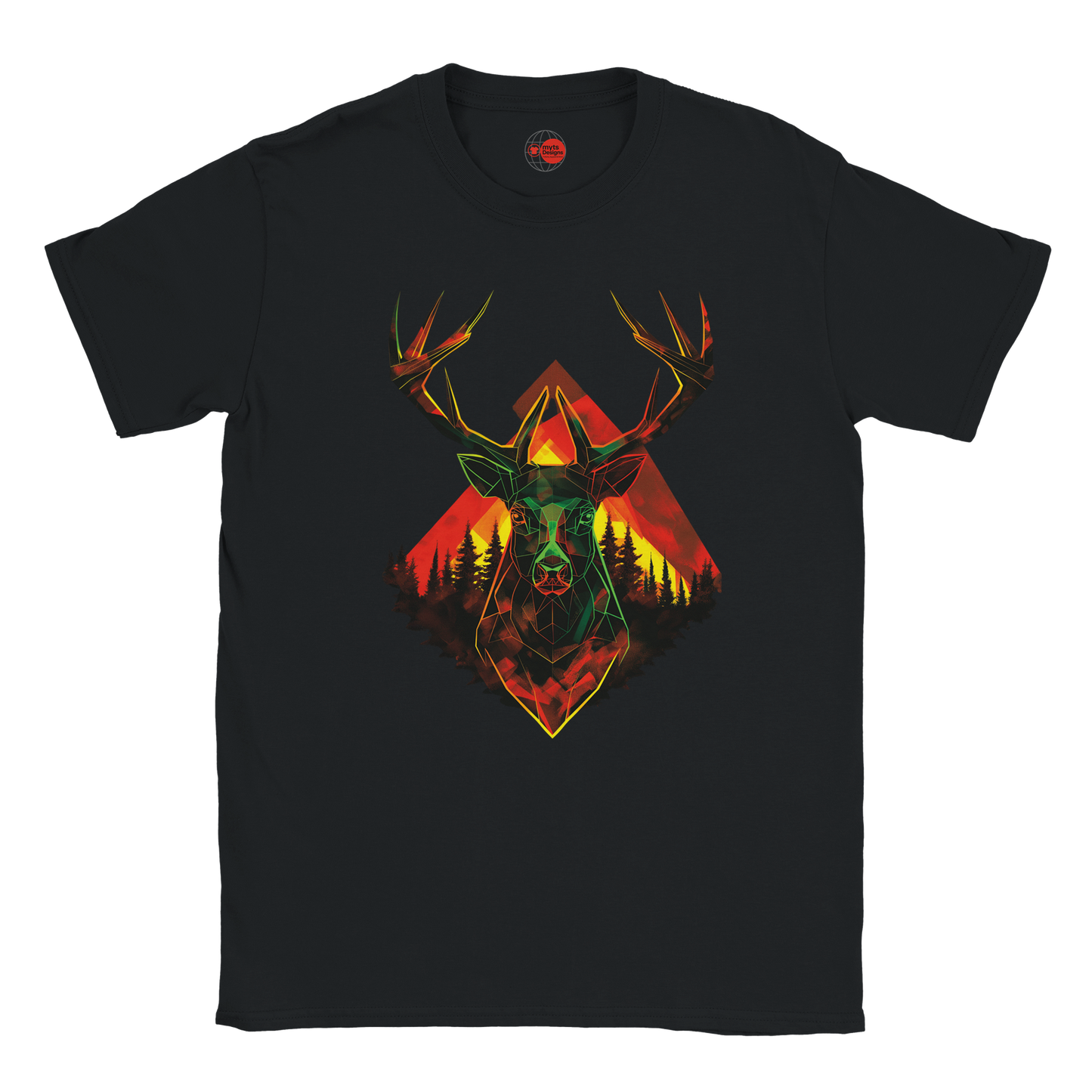 Black t-shirt with a colorful deer graphic design on a white background