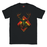 Black t-shirt with a colorful deer graphic design on a white background