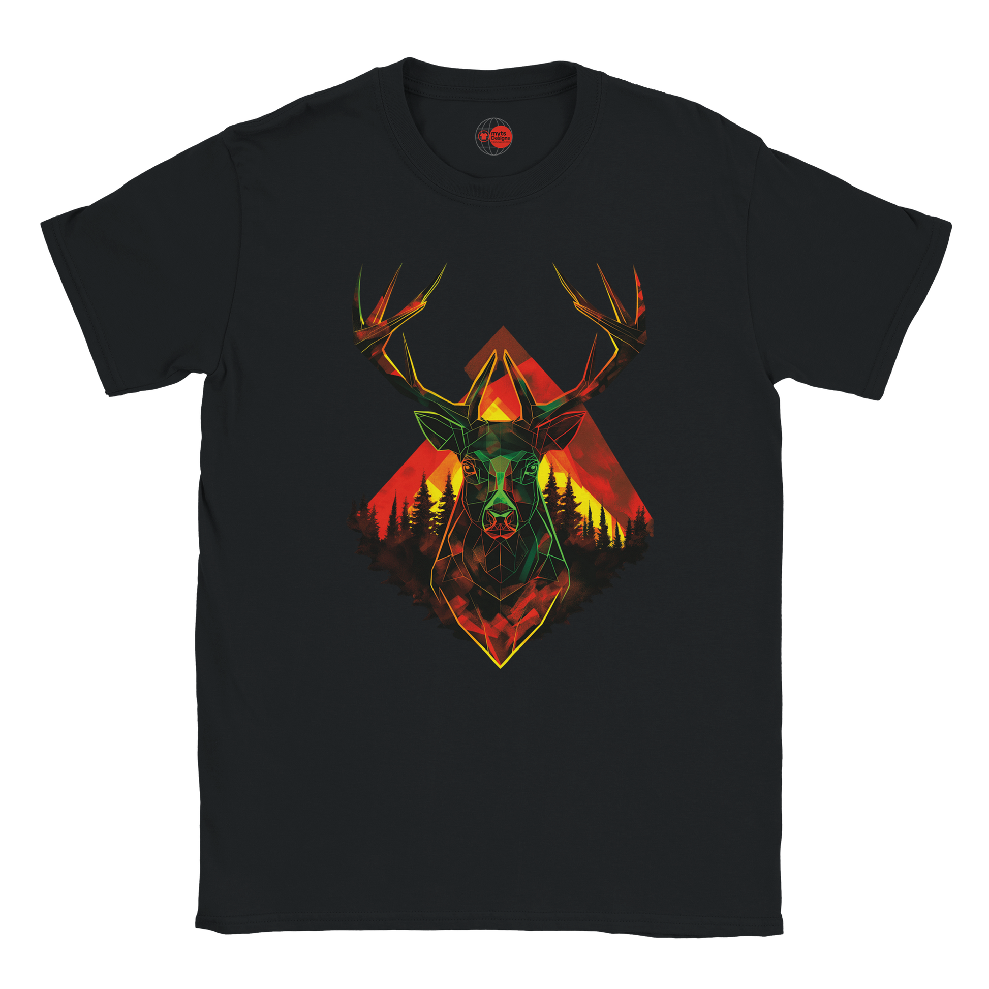 Black t-shirt with a colorful deer graphic design on a white background