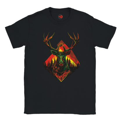 Black t-shirt with a colorful deer graphic design on a white background