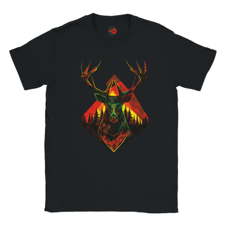Black t-shirt with a colorful deer graphic design on a white background