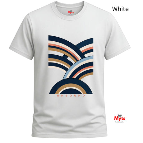 A white short-sleeve crewneck t-shirt featuring a retro-style multicolor graphic with wavy stripes and the word 'UNBOUND' printed on the front. The brand name 'Myts' is visible on the inner neck label and as a watermark logo in the bottom right corner.