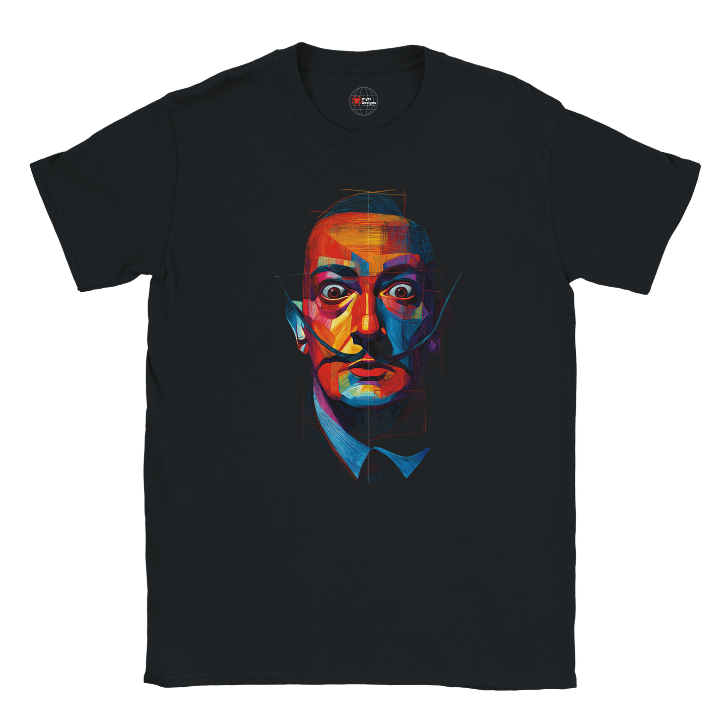 Black t-shirt with a colorful graphic of a face on a white background