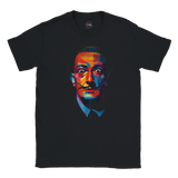 Black t-shirt with a colorful graphic of a face on a white background
