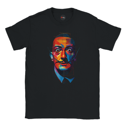 Black t-shirt with a colorful graphic of a face on a white background