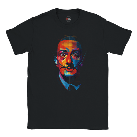 Black t-shirt with a colorful graphic of a face on a white background