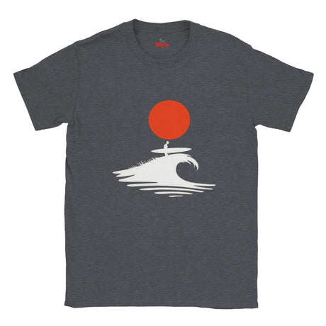 Dark Heather t-shirt with a graphic design of a red circle and white wave on a white background