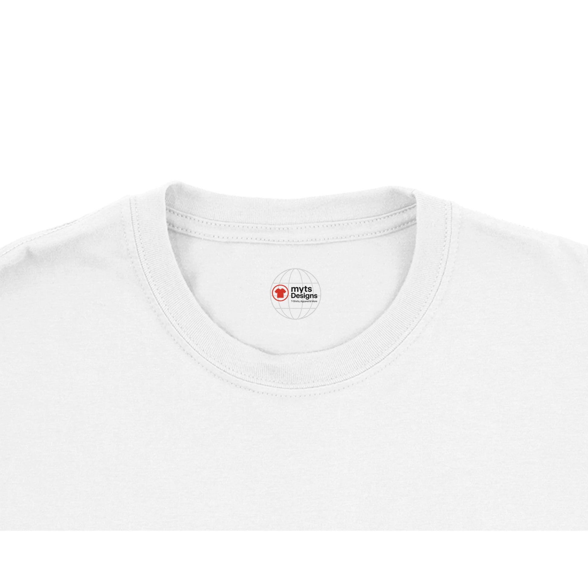 White t-shirt with a small logo on the collar against a white background