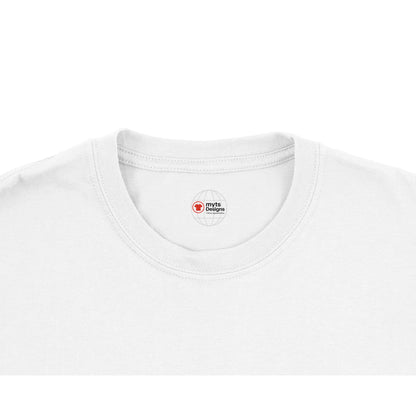 White t-shirt with a small logo on the collar against a white background