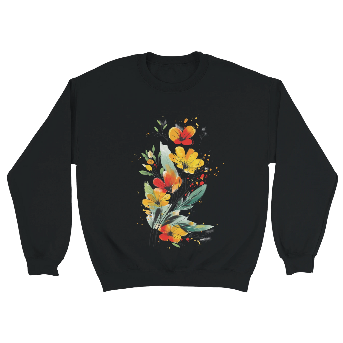 A black sweatshirt featuring an artistic watercolor floral design with red, yellow, and orange wildflowers accented by lush green leaves and delicate splatters.

