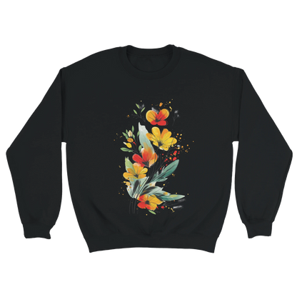 A black sweatshirt featuring an artistic watercolor floral design with red, yellow, and orange wildflowers accented by lush green leaves and delicate splatters.

