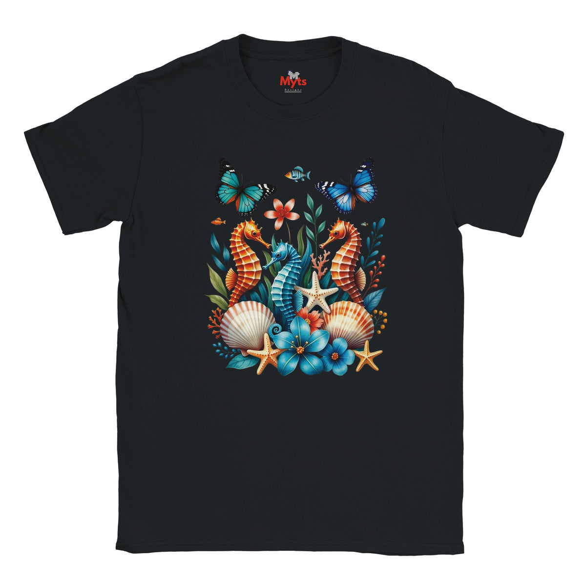 A black graphic T-shirt featuring three colourful seahorses, blue butterflies, tropical flowers, starfish and seashells in a vibrant ocean wildlife design.