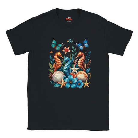 A black graphic T-shirt featuring three colourful seahorses, blue butterflies, tropical flowers, starfish and seashells in a vibrant ocean wildlife design.