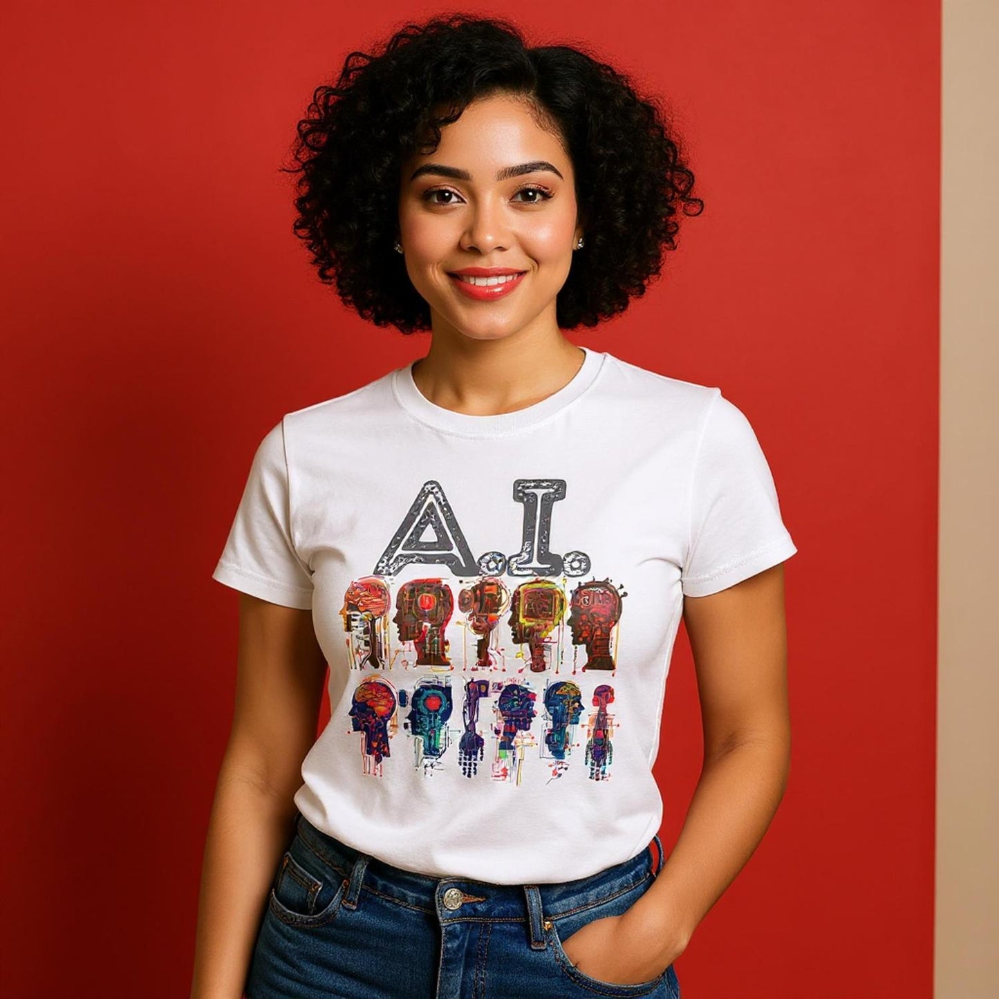 Person wearing a white t-shirt with colorful graphics and text on a red background