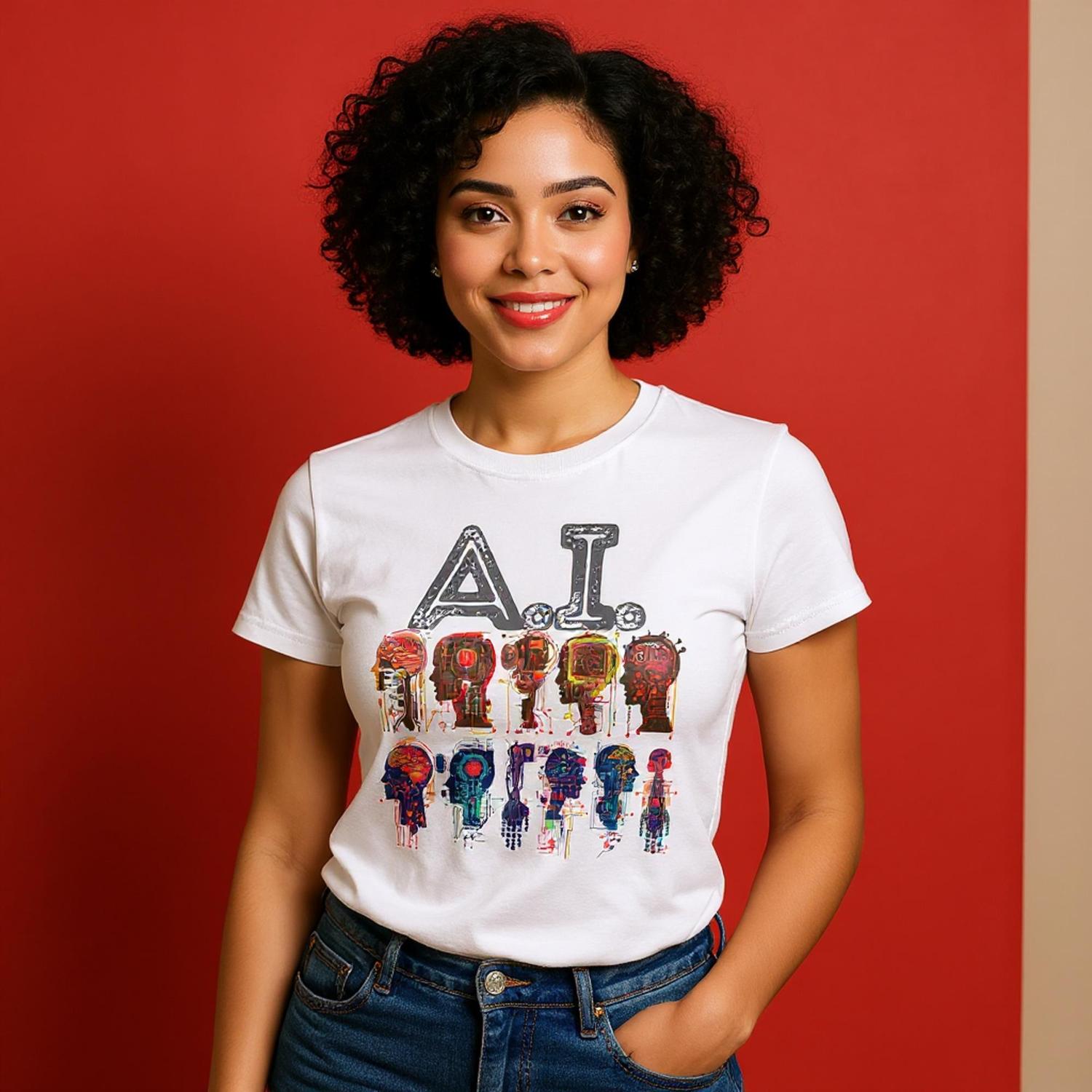 Person wearing a white t-shirt with colorful graphics and text on a red background