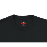 Close-up of a black crewneck t-shirt showing the inner neck label with the red and white 'Myts' brand logo.