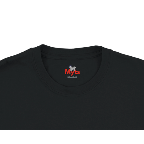 Close-up of a black crewneck t-shirt showing the inner neck label with the red and white 'Myts' brand logo.