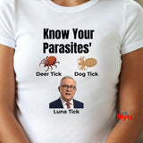 Front view of a white crew-neck T-shirt featuring Know Your Parasites Australian political satire design.