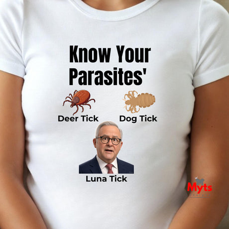 Front view of a white crew-neck T-shirt featuring Know Your Parasites Australian political satire design.