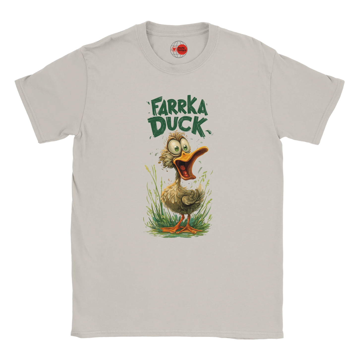 White t-shirt with a cartoon duck graphic and 'Farrka Duck' text on a white background