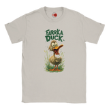 White t-shirt with a cartoon duck graphic and 'Farrka Duck' text on a white background